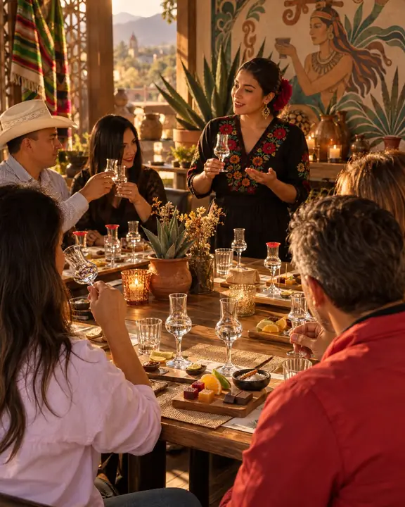 Anfitriona explicando el mezcal a un grupo durante la cata