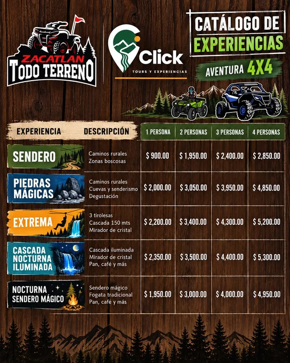 Catálogo de experiencias 4x4 con descripción y precios por número de personas
