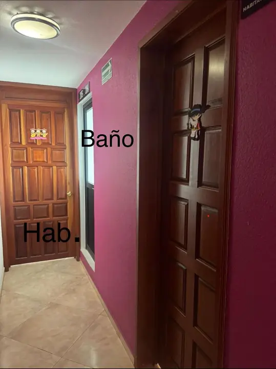 Pasillo con acceso a habitación y baño compartido en el Hotel MH